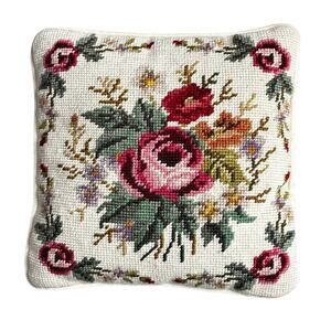Handmade needlepoint toss pillow velvet back zipper shows darkening from age